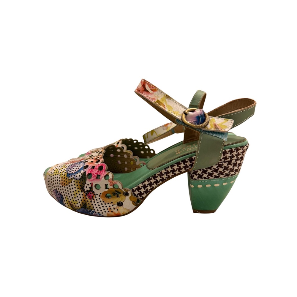 Spring Step LArtiste Jivvi Floral Leather Block Heel Sandals Green Multi Size 40